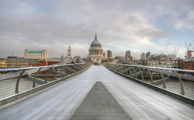 London Millennium Footbridge with a view towards St Paul's Cathedral, at dawn