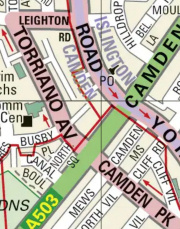 Streetmap detail showing boundary between Islington and Camden