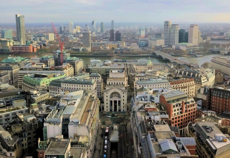 Hidden London: drone photograph of Aldwych, with Bush House in the centre